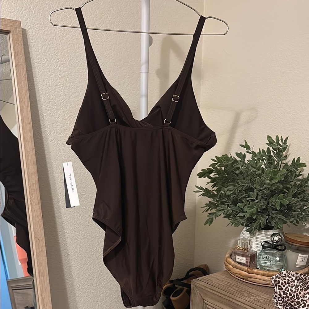 Tahari Chocolate Brown Twist Front One Piece Swimsuit-Size XL - Picture 4 of 5